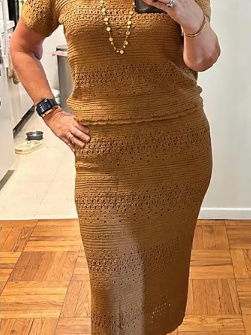Brown Crochet Knit 2 Piece Set – Short Sleeve Top + Midi Skirt